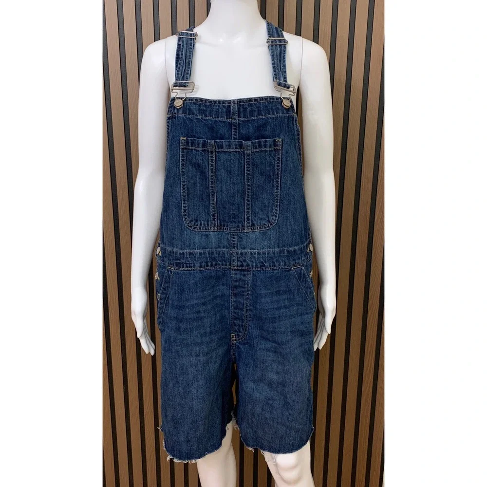 Gap Denim Women's Large Dark Wash Cotton Overall Shorts‎ Raw Hem 11/19 L